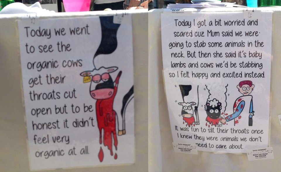 Handmade posters hung on the tables edge