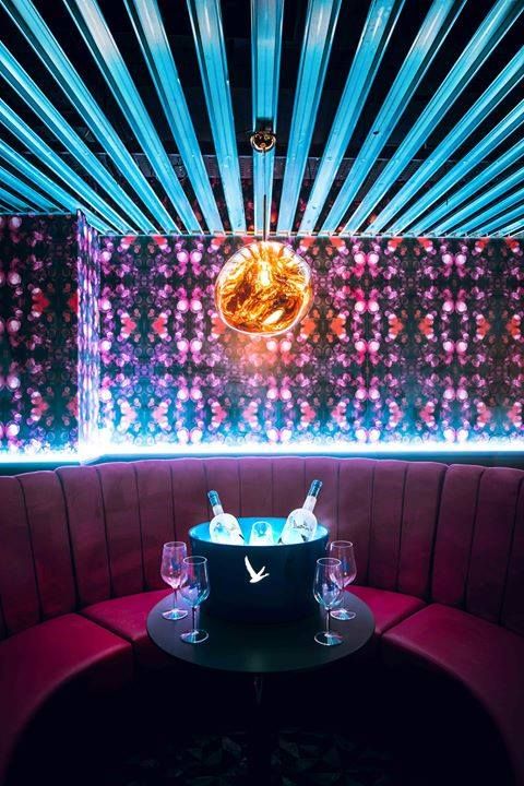 Image may contain: Purple, Night Club, Club, Furniture, Couch