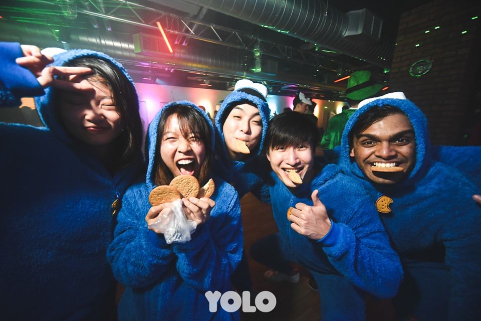 Image may contain: People, Costume, Night Life, Face, Night Club, Party, Club, Apparel, Clothing, Human, Person