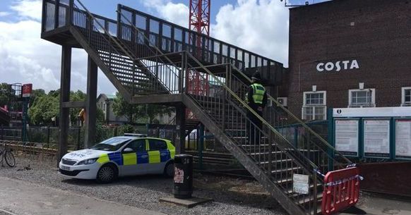 Image may contain: Person, Human, Police Car, Bridge, Building, Transportation, Automobile, Car, Vehicle
