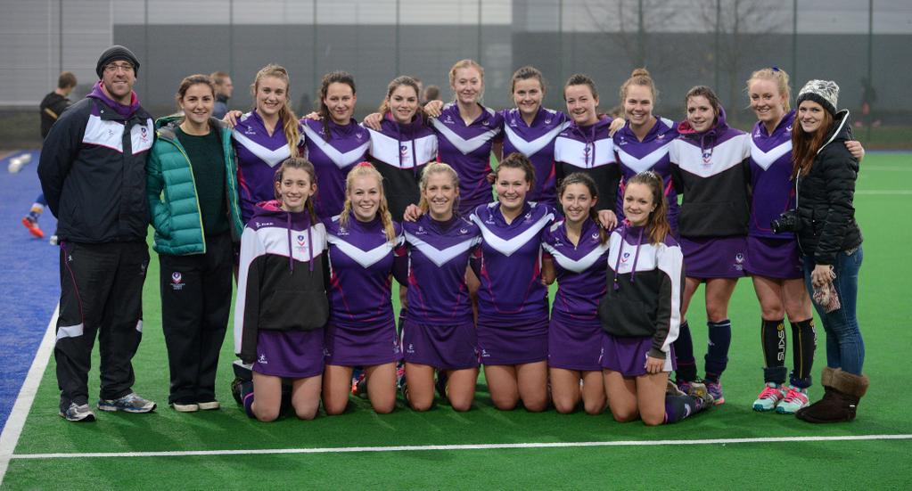 Women's hockey celebrate their win over Birmingham