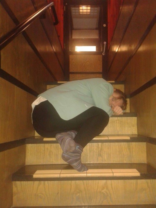 Anna plays water polo. She's bushed after an all nighter in the library.