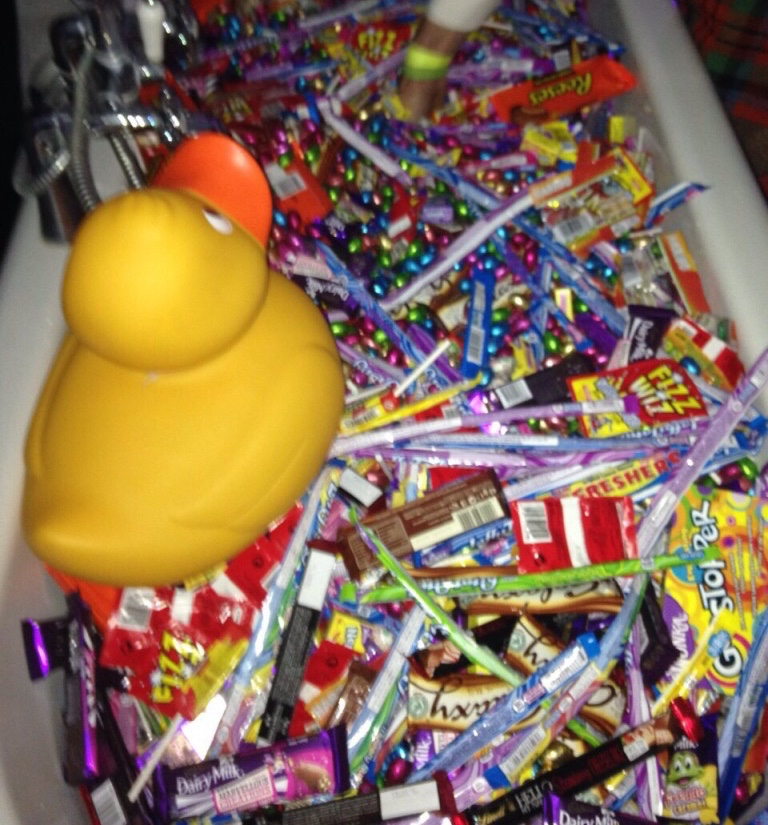 A bathfull of sweets. Literally. Complete with rubber duck. *Blurry photo not necessarily a product of the sugar rush.*
