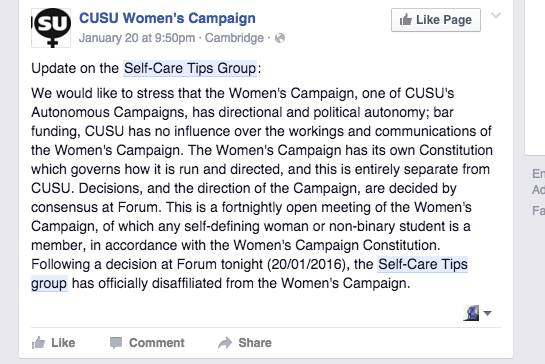 CUSU says it's not responsible for the Women's Campaign, which in turn says it's not responsible for the 'Self-Care' group!