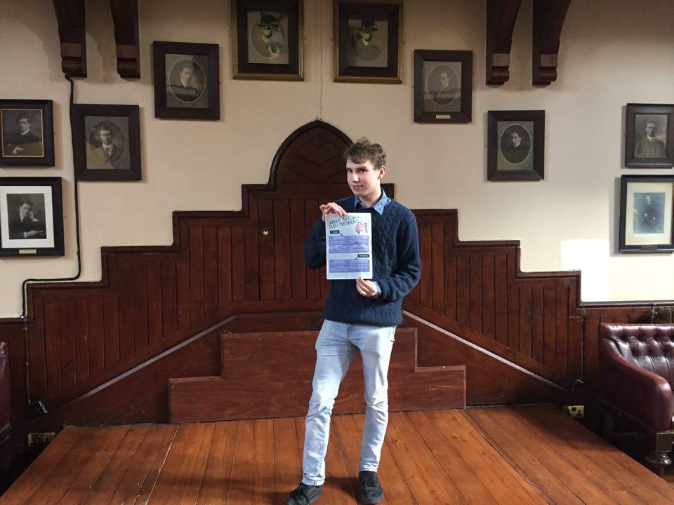 Angus likes to walk around with his manifesto persuading people.