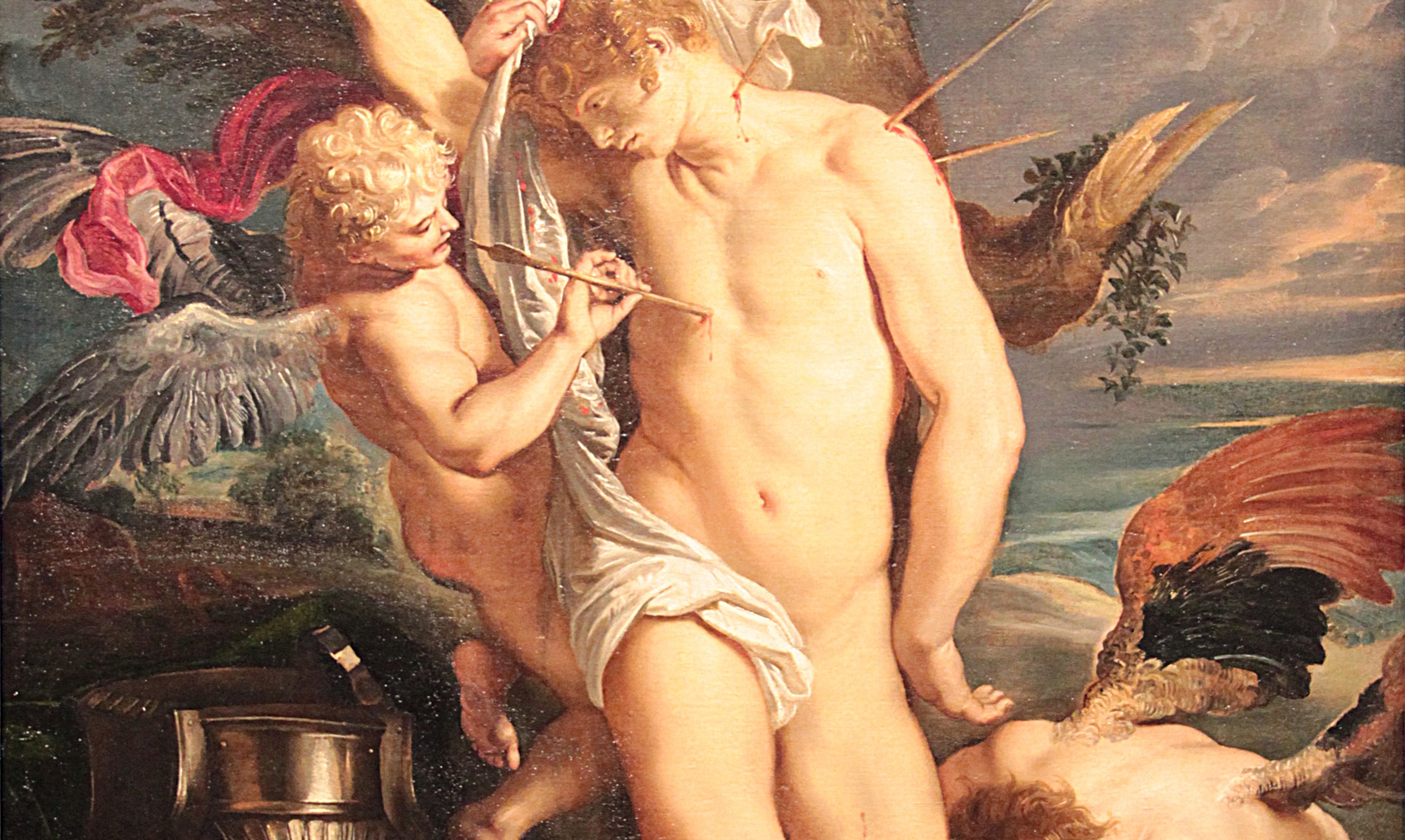 St Sebastian, looking characteristically disrobed.