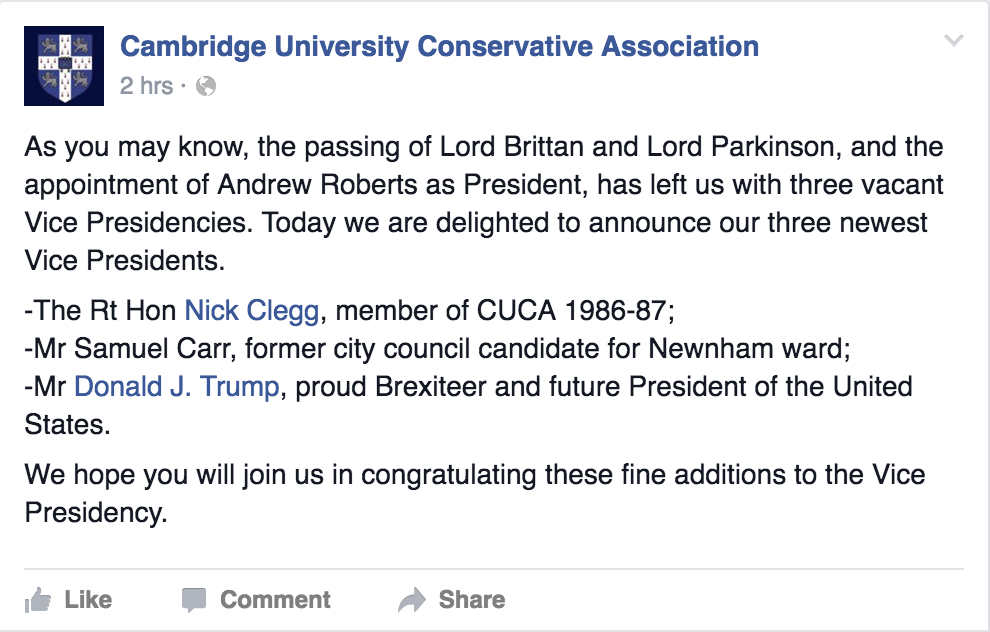 Surprisingly, the only society to mention the unending joke that is Trump.