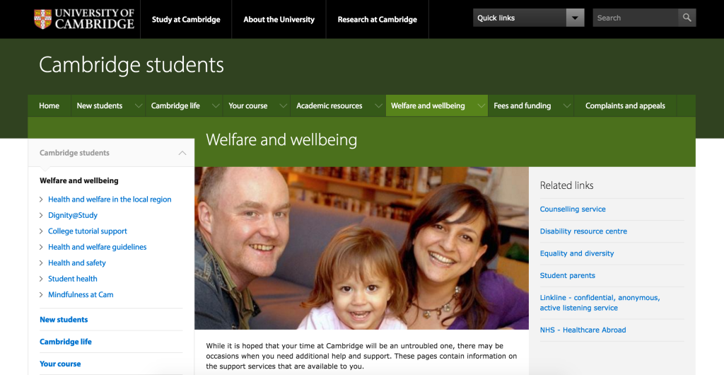 The university website has a section on welfare, and all college websites will too.