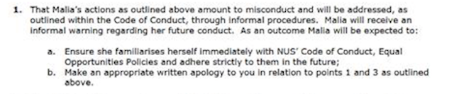 The letter concluded that Bouattia had breached the code of the conduct and could be reprimanded