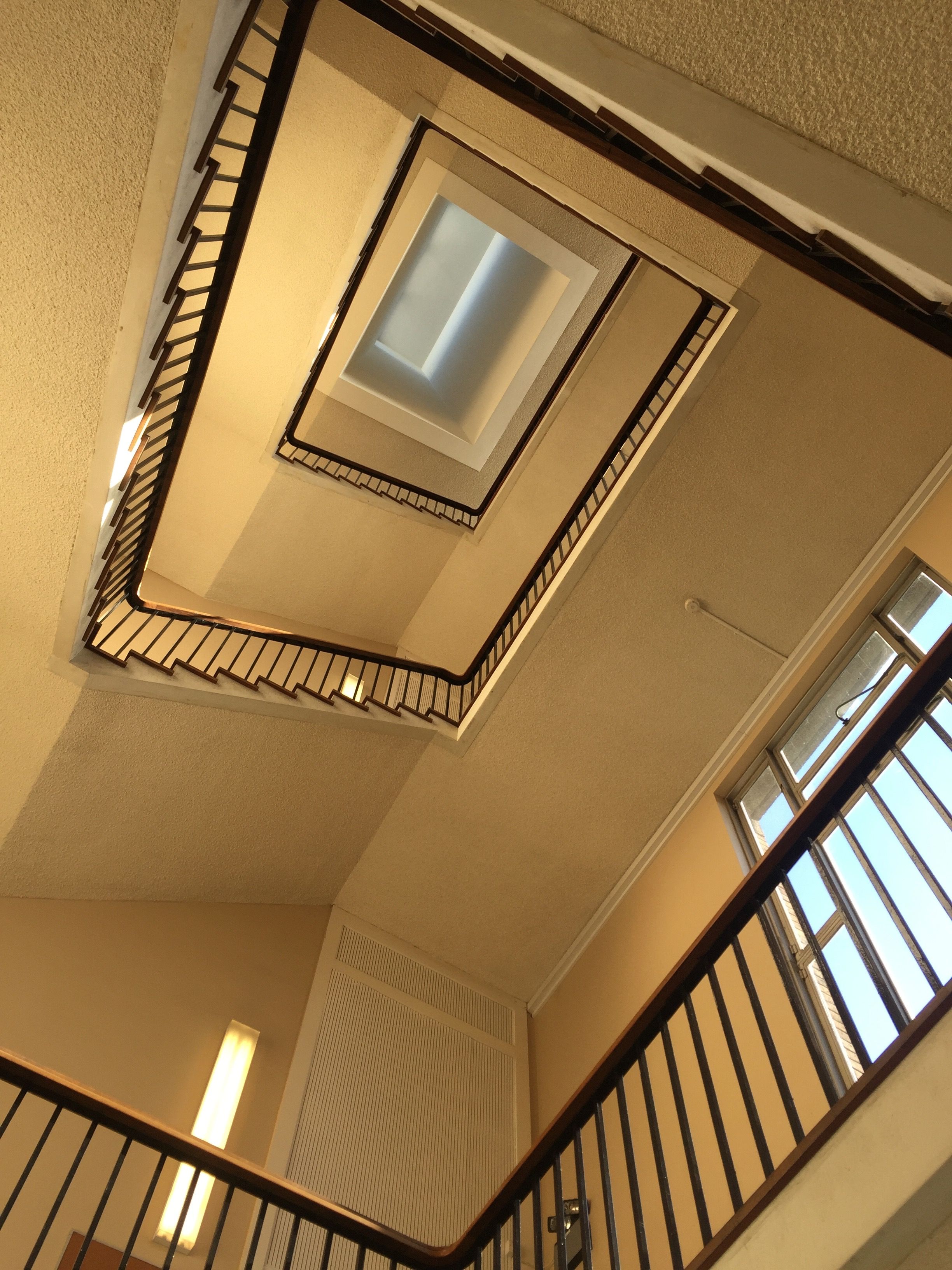 Image may contain: Staircase, Railing, Handrail, Banister, Window, Skylight, Building, Architecture