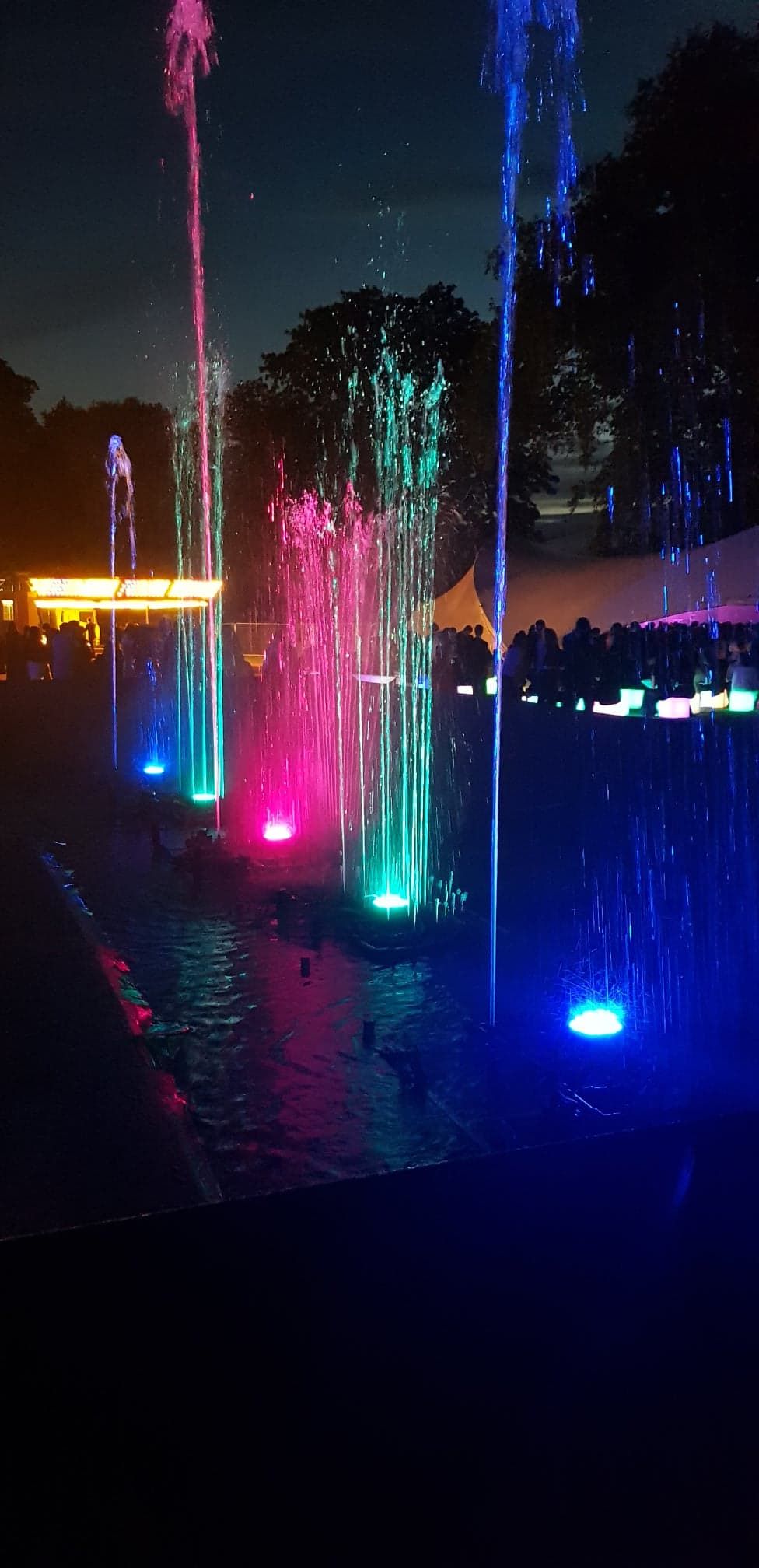 Image may contain: Fountain, Light, Human, Person, Night Life, Lighting, Water