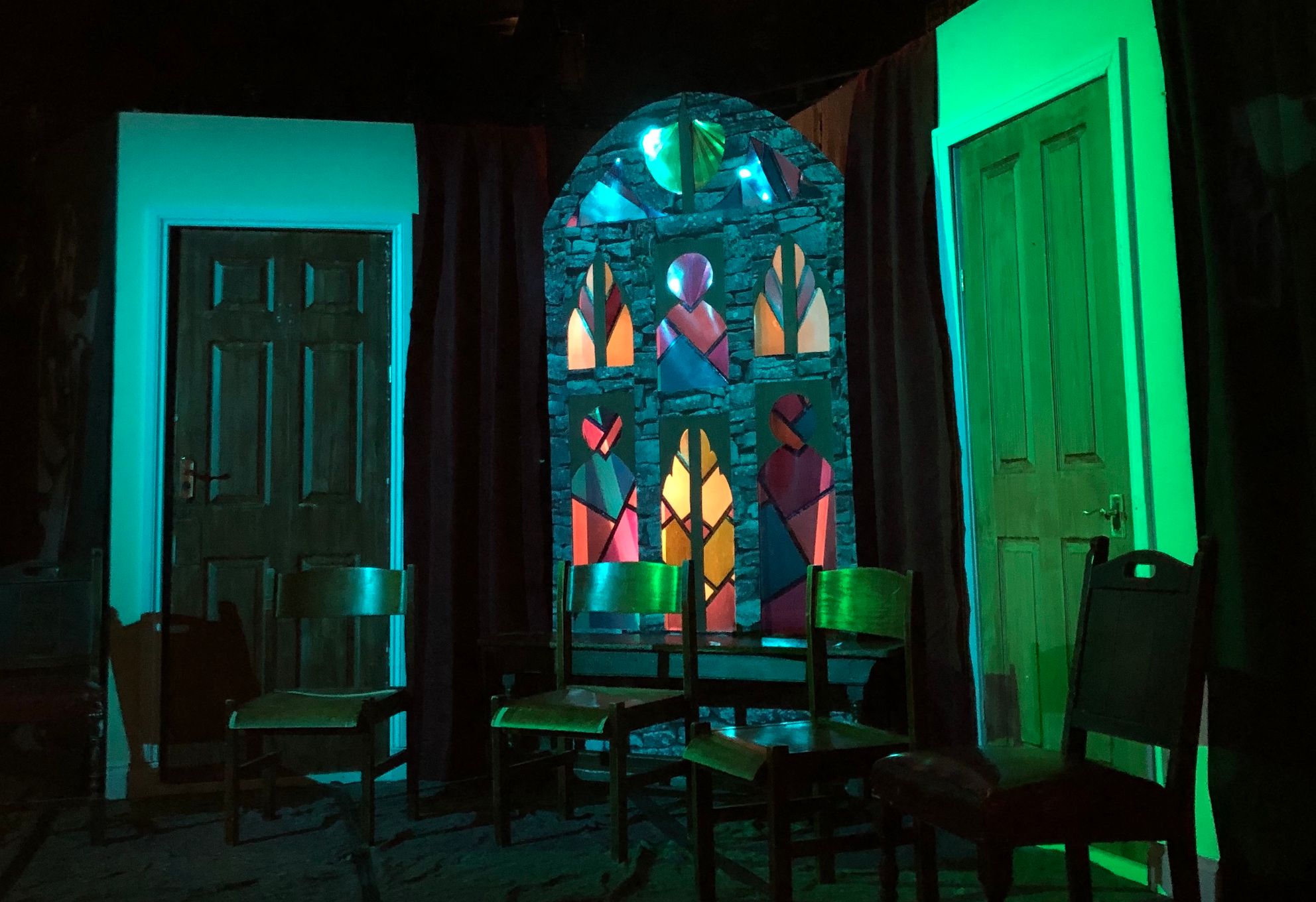 Image may contain: Stained Glass, Art, Door, Chair, Furniture