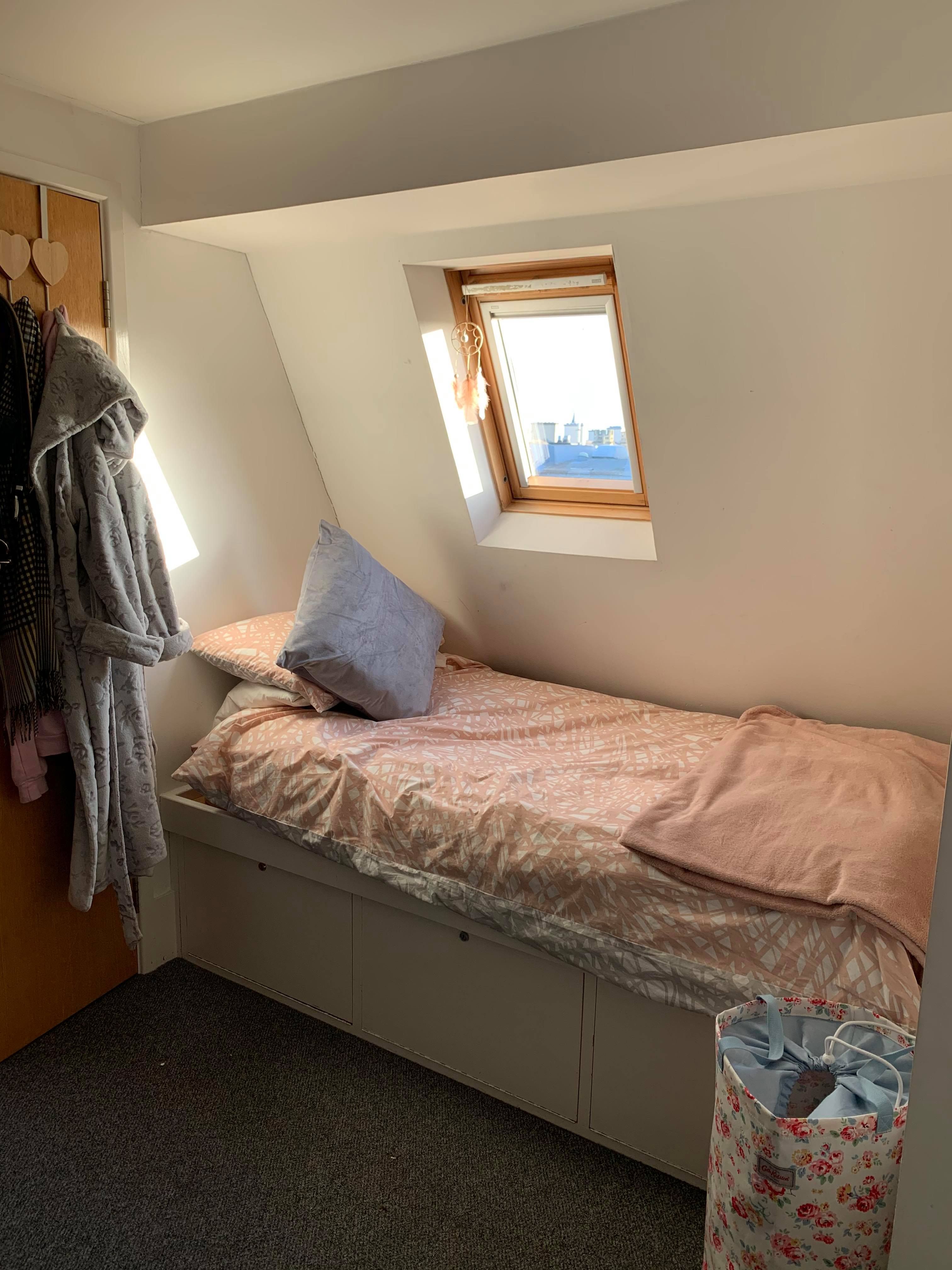 Image may contain: Dorm Room, Skylight, Wood, Housing, Architecture, Window, Furniture, Bed, Bedroom, Building, Room, Indoors