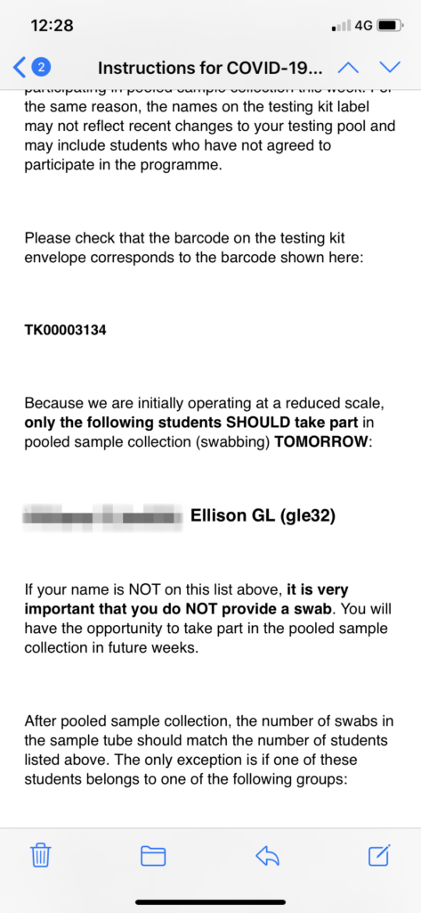 Email from the University selecting me for testing