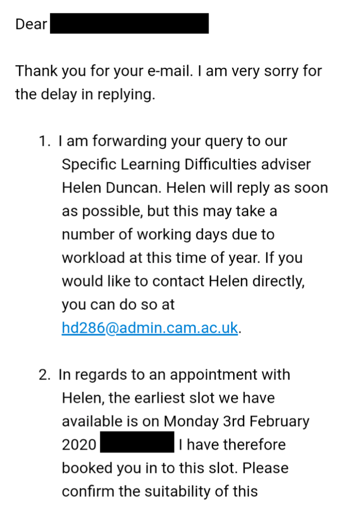 A student's email to the DRC