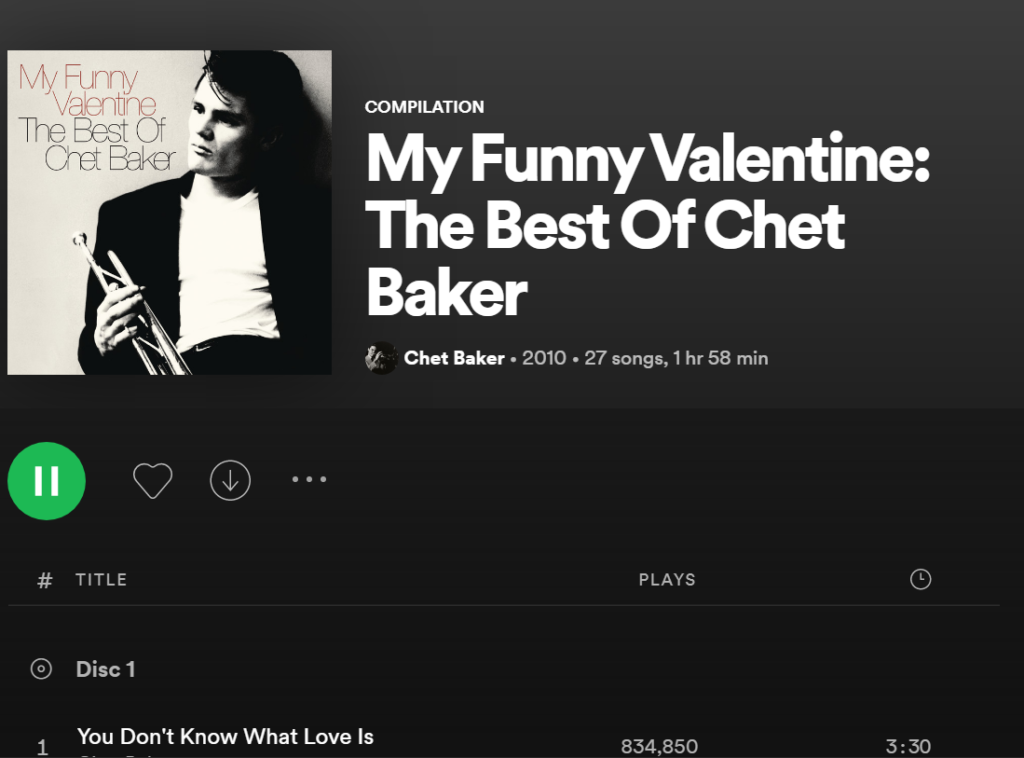 A screenshot from the album My Funny Valentine on Spotify