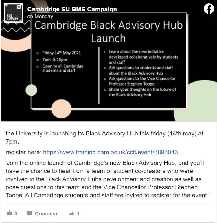 Description of the launch event in a Facebook status