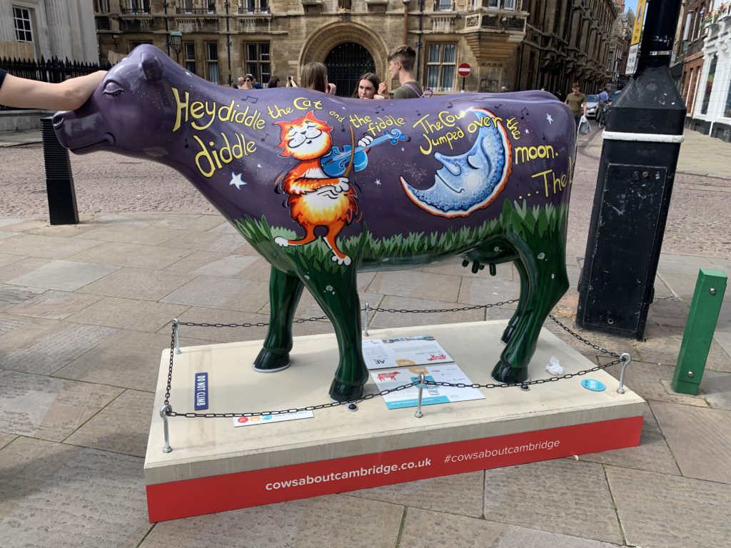 A cow with Hey Diddle Diddle painted on it