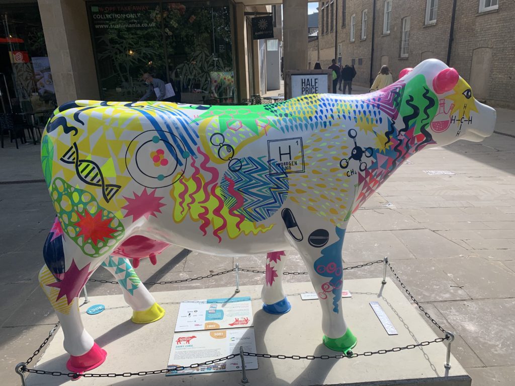 A brightly coloured cow with lots of science symbols