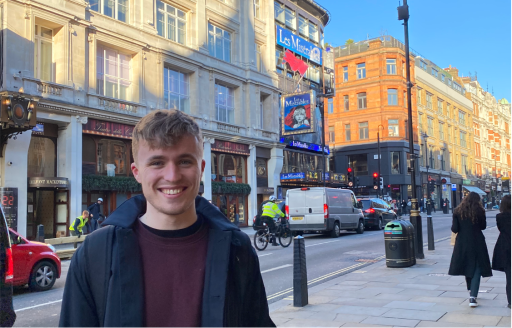 A boy stood outside a theatre in the West End