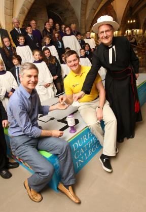TV presenter Jonathan Foyle & the Dean of Durham buy the first bricks, with lego expert Ed Diment 