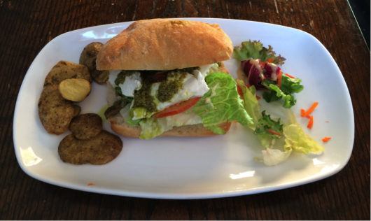 Buffalo Mozzarella – £4.75 (Mozzarella Drizzled with Pesto, Romaine Lettuce & Home Made Onion Marmalade)