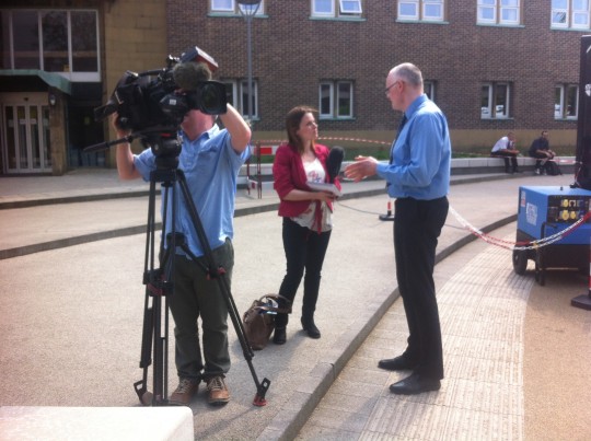BBC News and Professor Towl outside Bill Bryson this afternoon.
