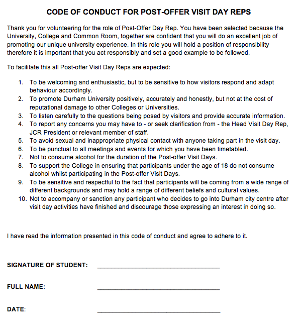 Open Day Reps must sign this agreement with the University