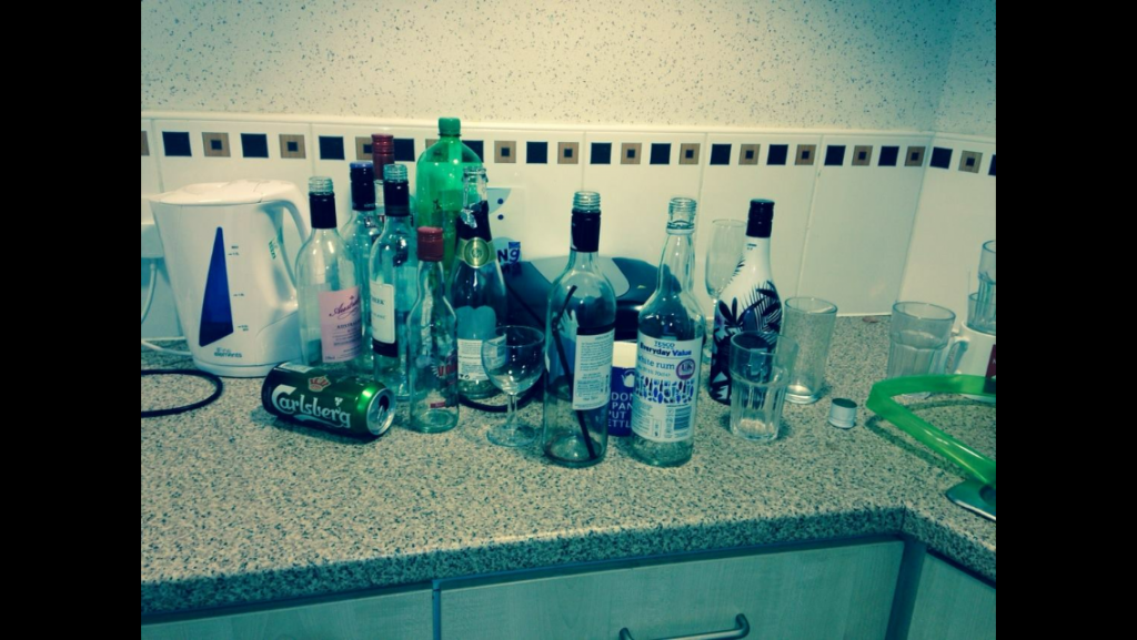 Kitchen full of empty bottles