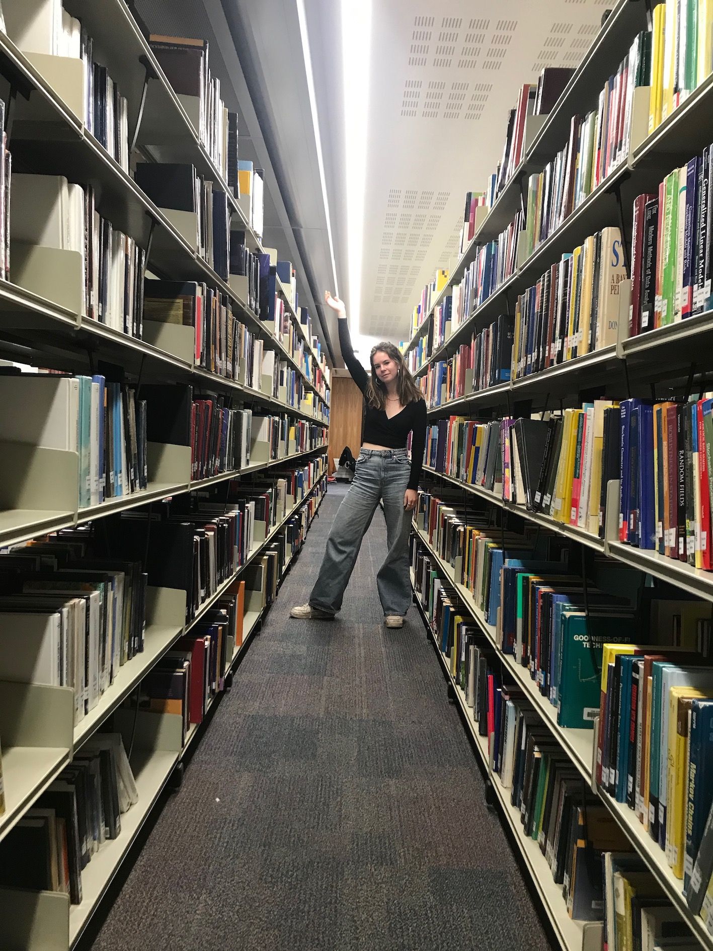 Image may contain: Staircase, Aisle, Shelf, Furniture, Book, Library, Room, Indoors, Human, Person
