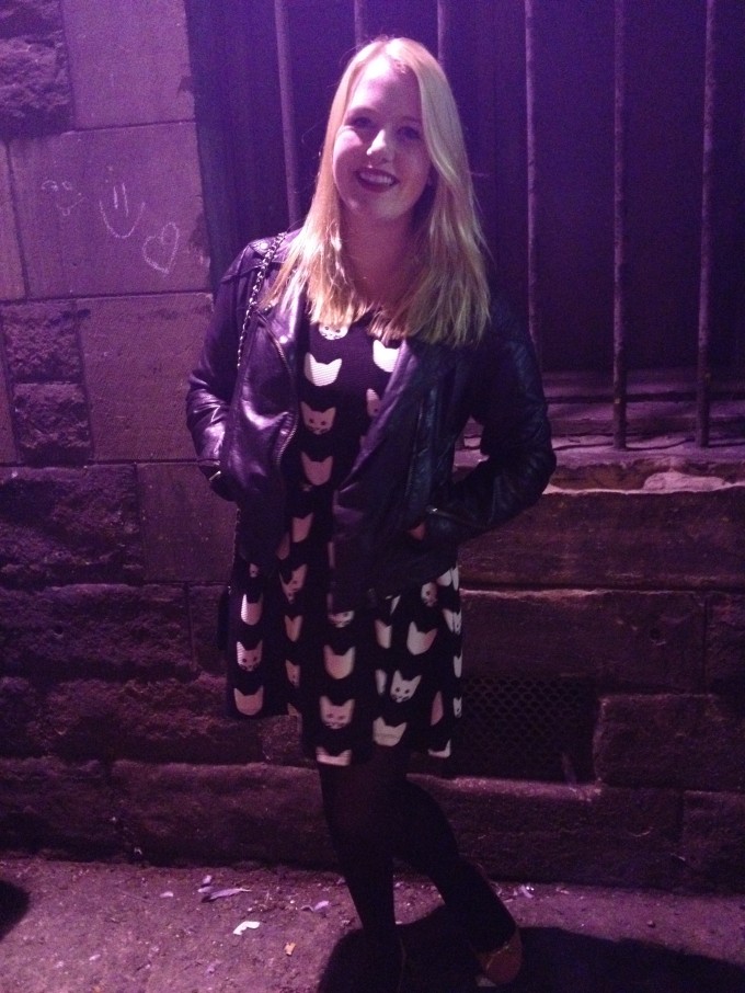 English Literature student, Miriam Wright, wears an H&M, cat print dress for Thursday night drinks