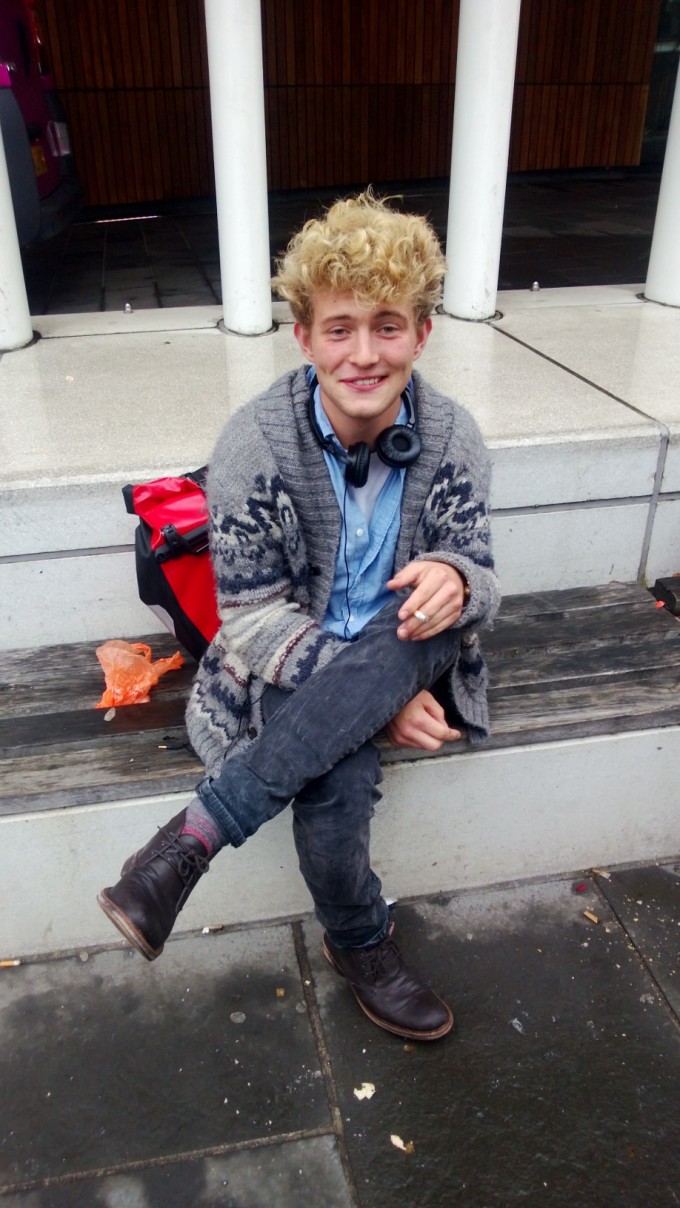 English Literature student, Geir Darge wears a casual knit and rolled up jeans for afternoon lectures