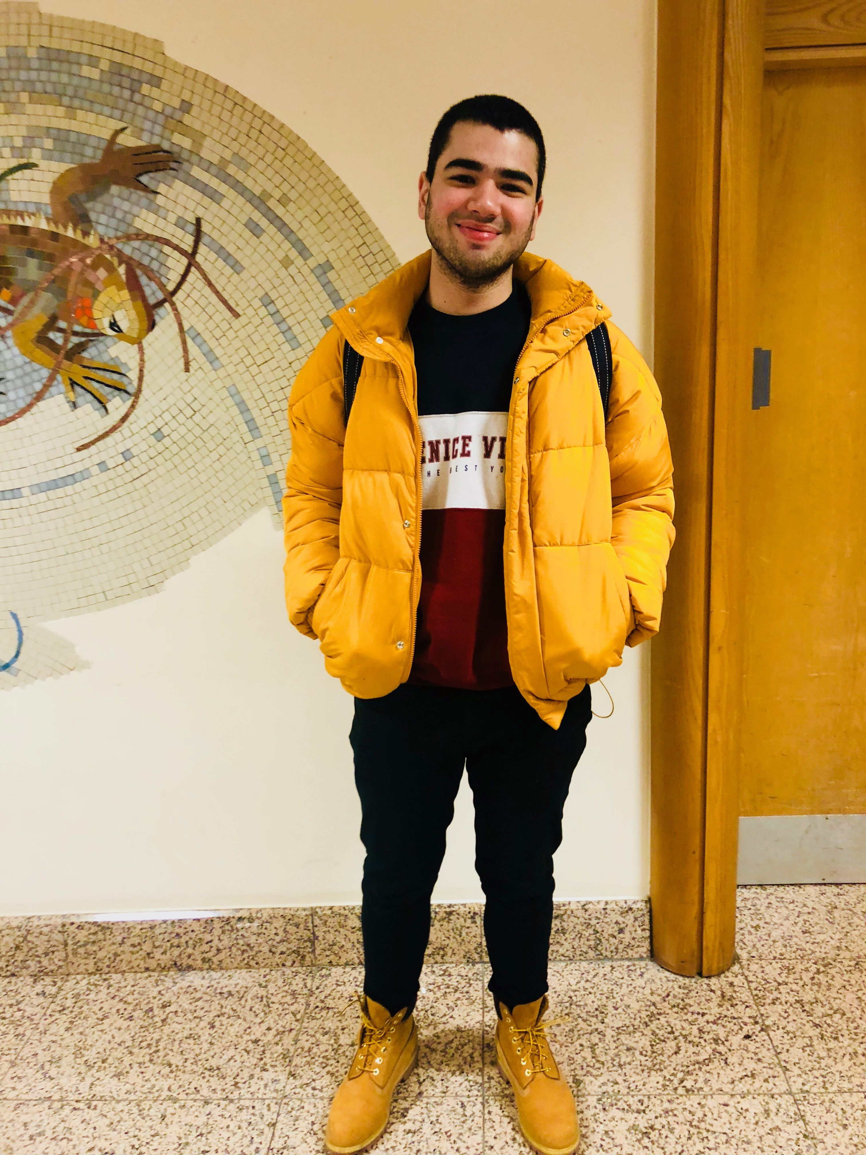 Image may contain: Sweater, Clothing, Cardigan, Scorpion, Invertebrate, Animal, Tile, Mosaic, Art, Person, People, Human