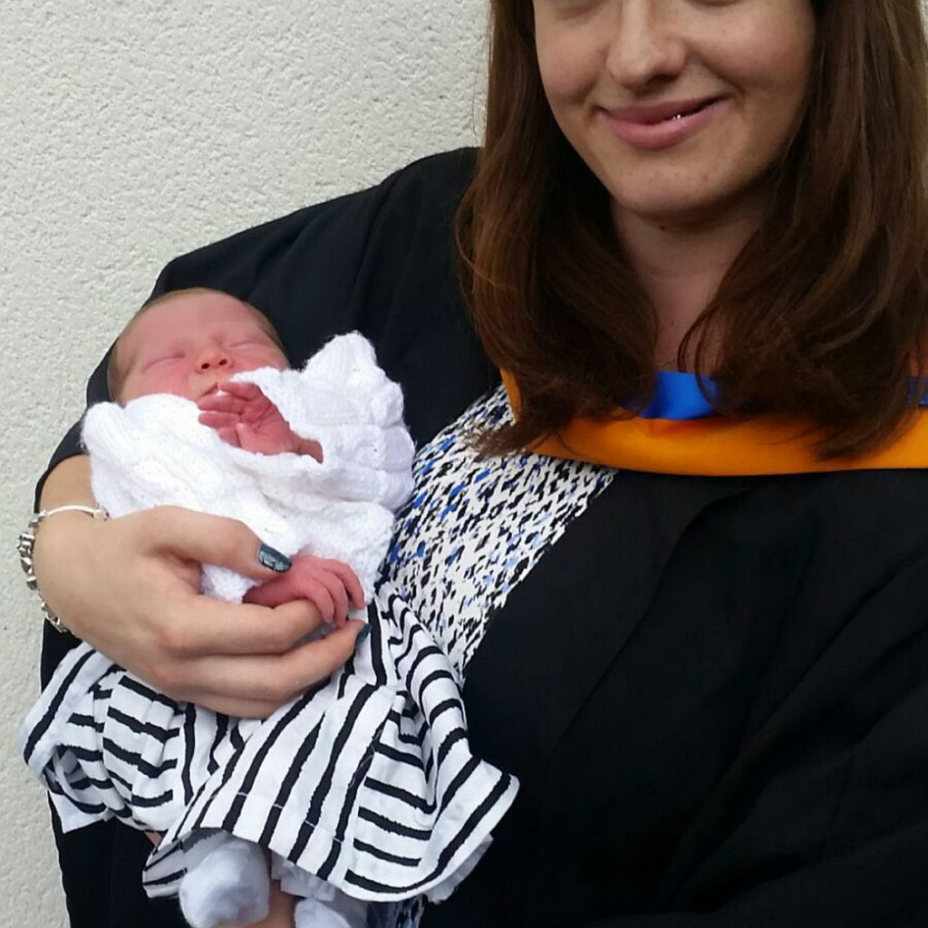 Collect Picture - Georgie Hollis-Whitaker 21 at her graduation with her baby Olivia. Georgia Hollis-Whitaker, who gave birth to daughter Olivia O’Callaghan just hours before her university graduation ceremony. See NTI story NTIBABY. Olivia was born weighing 5lb 15oz at 12.46am on Friday – two weeks earlier than expected – to proud parents Georgia Hollis-Whitaker and dad Jamie O’Callaghan, of Leicester. So she was there, swaddled in her grandmother’s arms, to see mum Georgia graduate and collect her First Class degree in Sociology at The Venue at 2.30pm on Saturday, along with a prize awarded by the Sociology department to the student who showed outstanding dedication on her course. Georgia left the Leicester Royal Infirmary at 6am on Friday and had a mad scramble to get her gown sorted and everything organised, but she could not be happier that Olivia could be part of her graduation day. “She wasn’t due for another two weeks so I thought I would be pregnant on my graduation day, but I’m so glad she’s here,” said Georgia, beaming. “She’ll be on all my graduation pictures.”