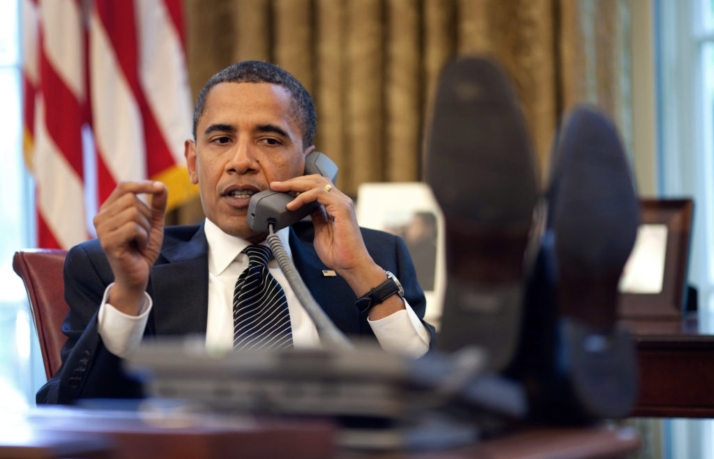 President Barack Obama talks with Israeli Prime Minister Benjamin Netanyahu during a phone call from the Oval Office, Monday, June 8, 2009. Official White House Photo by Pete Souza.This official White House photograph is being made available for publication by news organizations and/or for personal use printing by the subject(s) of the photograph. The photograph may not be manipulated in any way or used in materials, advertisements, products, or promotions that in any way suggest approval or endorsement of the President, the First Family, or the White House.