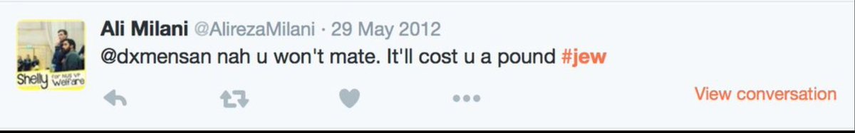 Milani's tweet, from May 2012, insulted someone as stingy followed by the #jew
