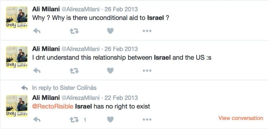 Ali questions Israel's right to exist in a series of tweets. He says: "Why is there unconditional aid to Israel? I don't understand this relationship between Israel and the US (confused face emoji)." He then says: "Israel has no right to exist"