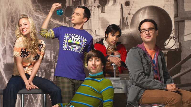 The cast of the Big bang Theory pose in character for a promotional shot. From left to right: Penny, Sheldon, Howard, Raj and Leonard