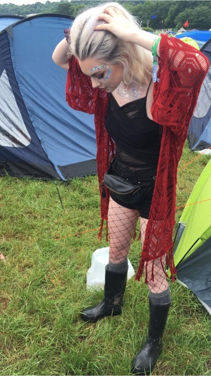 A darker take on festival fash as Samantha chooses black, leather and deep red lace
