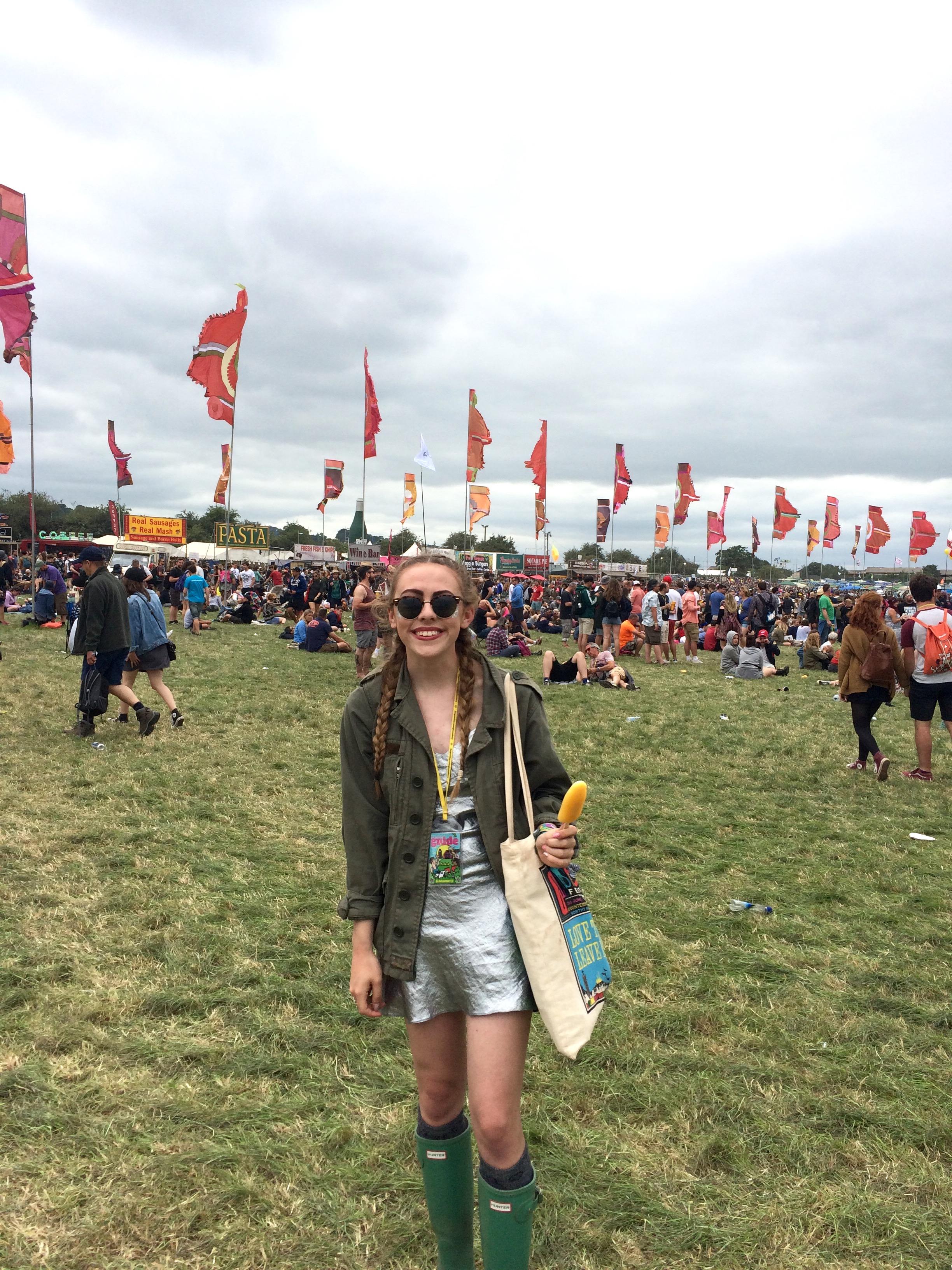 A nod to Alexa Chung's 2014 glasto look; matching shimmer with khaki green and canvas
