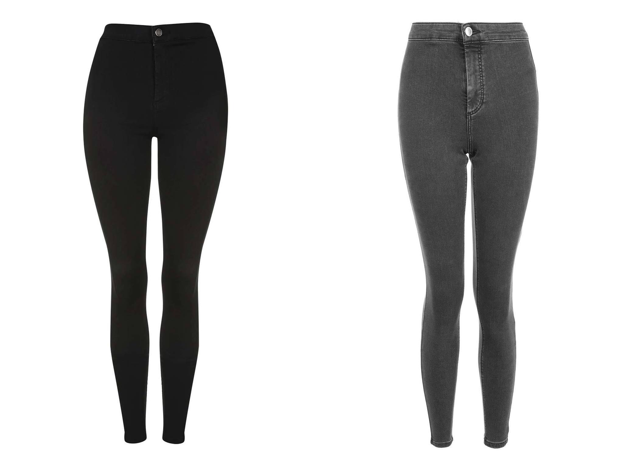 Topshop Joni jeans up close: the black (left) and washed black (right) are SO different