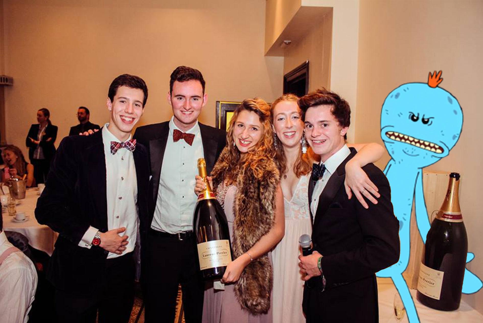 The Durham Meeseeks in its natural habitat, a champagne ball