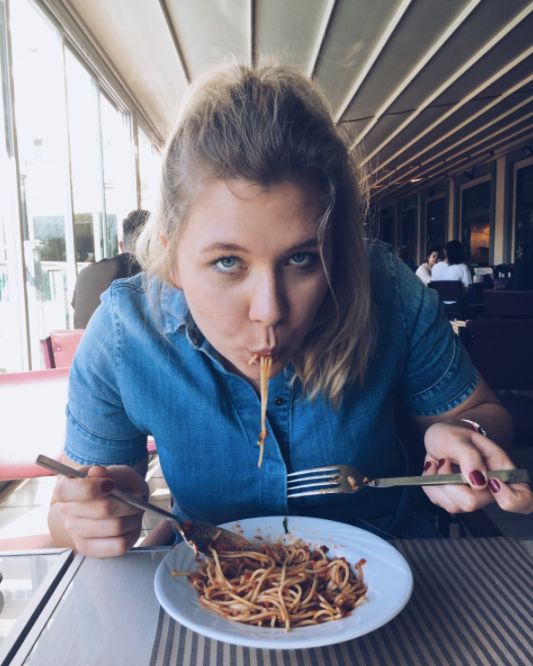 Image may contain: Furniture, Couch, Spaghetti, Pasta, Food, Person, People, Human
