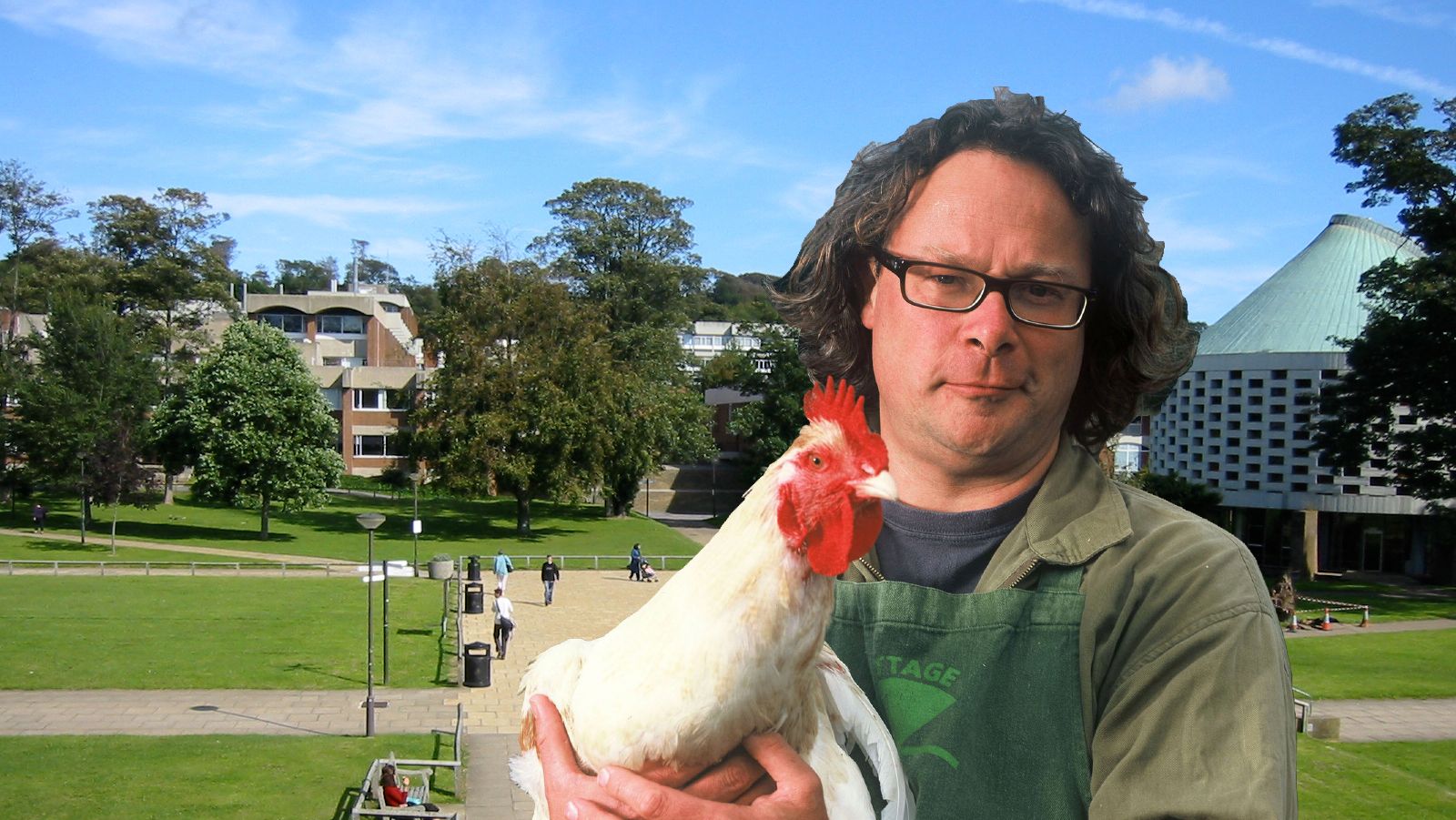 Image may contain: Urban, Town, High Rise, City, Apartment Building, Rooster, Poultry, Fowl, Cock Bird, Chicken, Bird, Animal, Villa, Housing, House, Building, Person, People, Human