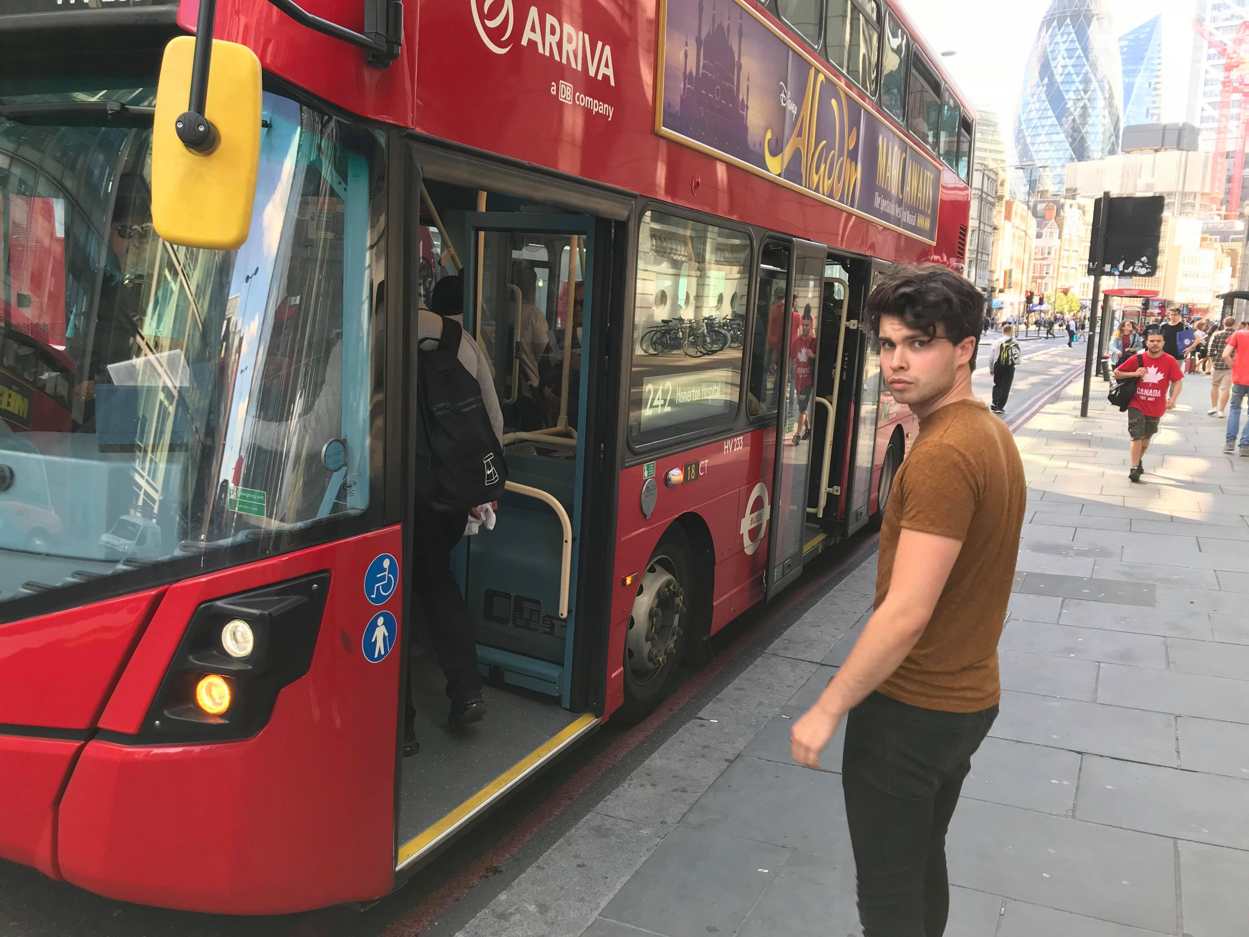 Image may contain: Train, Double Decker Bus, Vehicle, Transportation, Bus, Person, People, Human
