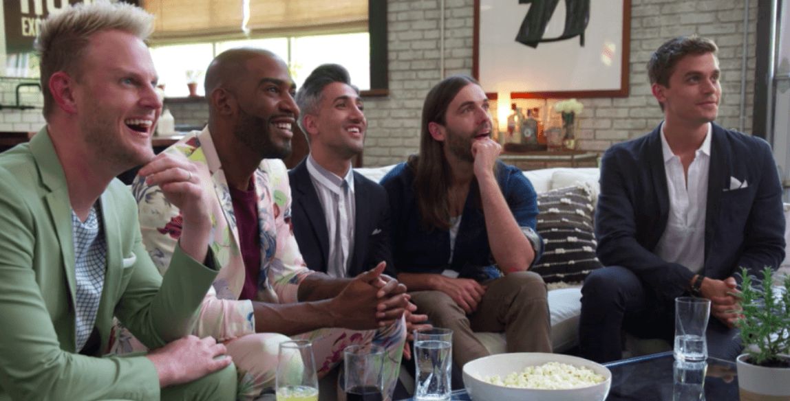 Image may contain: Queer Eye season 3, Queer Eye, Fab Five, Netflix, Food Court, Meal, Glass, Restaurant, Food, Person, Human
