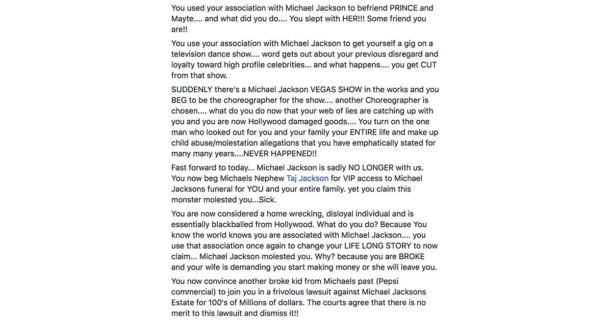 Image may contain: Celebrities react to Leaving Neverland, Clyde Jenkins, Facebook post, Letter, Paper, Flyer, Brochure, Document, Poster, Advertisement, Page, Text
