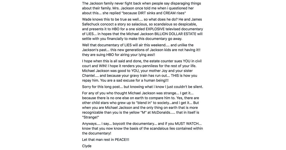 Image may contain: Celebrities react to Leaving Neverland, Clyde Jenkins, Facebook post, Paper, Advertisement, Poster, Letter, Document, Page, Text