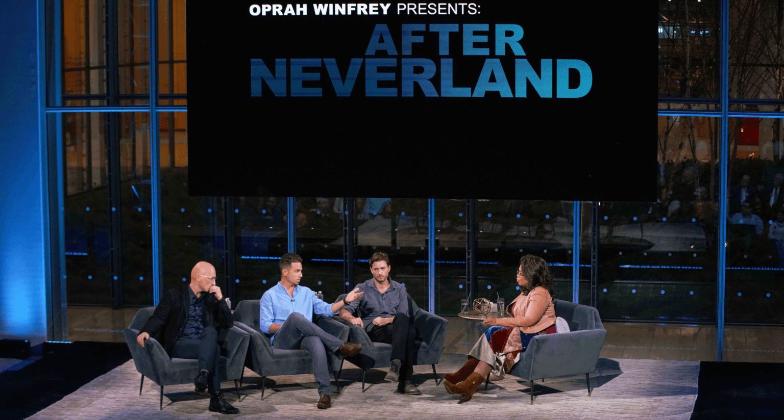 Image may contain: celebrities react to Leaving Neverland, Leaving Neverland, Oprah, After Neverland, Speech, Teen, Child, Kid, Blonde, Woman, Female, Girl, Chair, Furniture, Audience, Crowd, Clothing, Footwear, Apparel, Shoe, Sitting, Human, Person