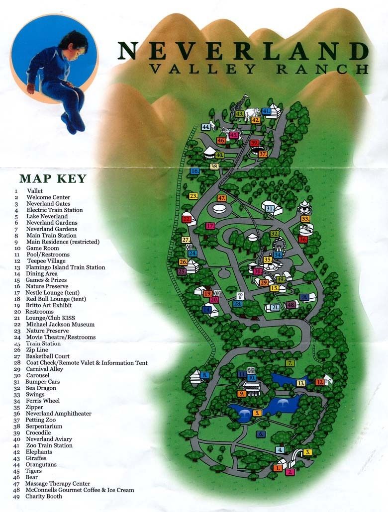 Image may contain: Neverland Ranch, Leaving Neverland, Map, amusement park, Text, Plot, Vegetation, Plant, Nature, Land, Outdoors, Water, Urban, Building, Neighborhood, Person, Human